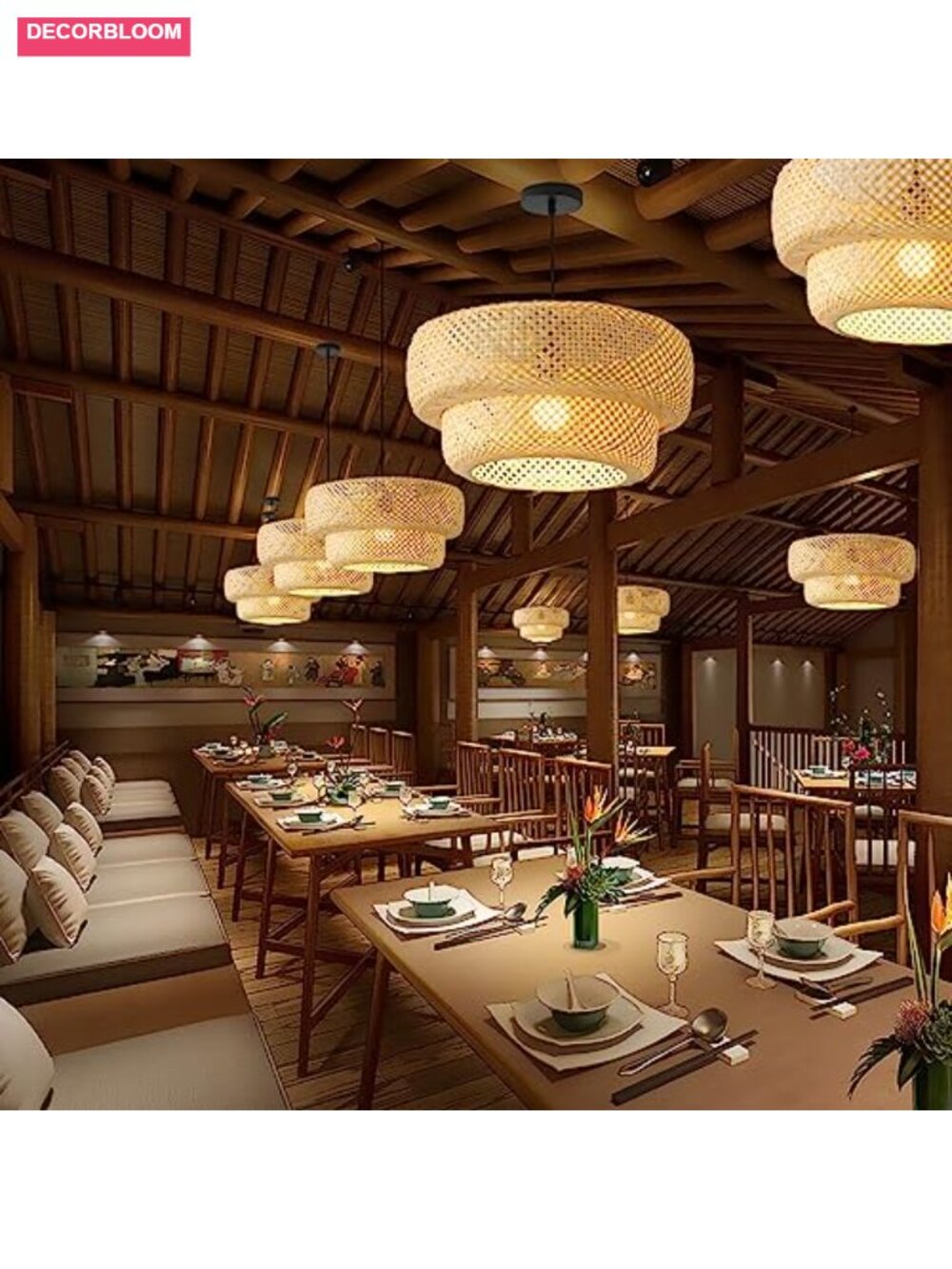 Hand-Woven Bamboo Rattan Pendant Light 13.8" Farmhouse Chandelier Ceiling Lamp - Picture 1 of 4